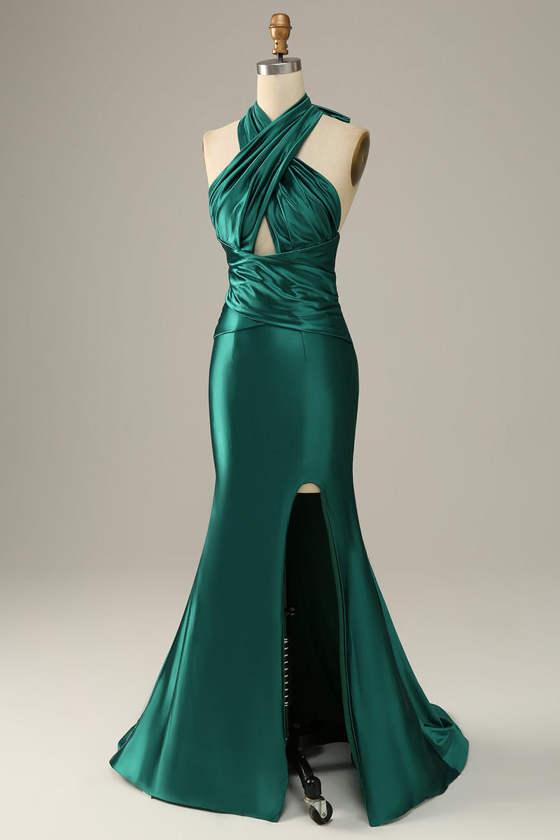 Load image into Gallery viewer, Dark Green Halter Lace Up Mermaid Prom Dress With Slit