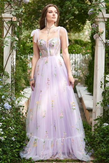 Lilac Embroidery Corset Long Prom Dress