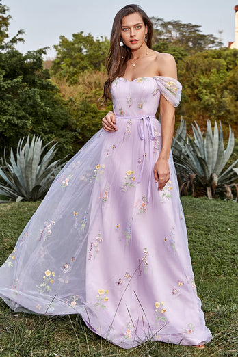 Lavender A Line Tulle Off Shoulder Prom Dress