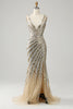 Load image into Gallery viewer, Mermaid Deep V Neck Golden Long Prom Dress with Silt