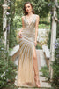 Load image into Gallery viewer, Mermaid Deep V Neck Golden Long Prom Dress with Silt