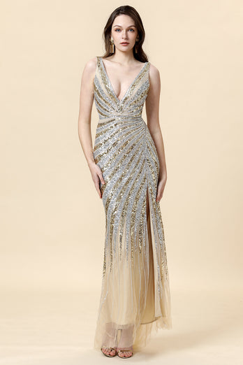 Sheath Deep V Neck Golden Beaded Prom Dress with Split Front