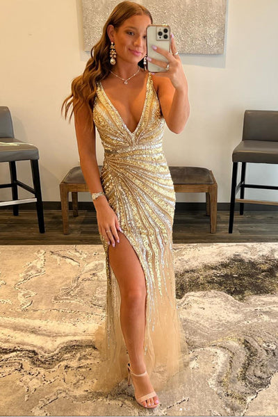 Queendancer Women Sparkly Golden Sequins Long Prom Dress SpaghettiV-Neck Sheath Party Dress with Slit