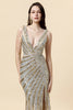 Load image into Gallery viewer, Sheath Deep V Neck Golden Beaded Prom Dress with Split Front