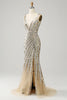 Load image into Gallery viewer, Mermaid Deep V Neck Golden Long Prom Dress with Silt