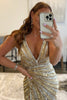 Load image into Gallery viewer, Sparkly Golden V-Neck Beaded Sequins Long Prom Dress with Slit