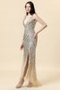 Load image into Gallery viewer, Sheath Deep V Neck Golden Beaded Prom Dress with Split Front