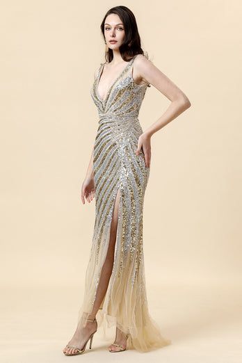 Sheath Deep V Neck Golden Beaded Prom Dress with Split Front