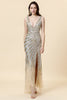 Load image into Gallery viewer, Sheath Deep V Neck Golden Beaded Prom Dress with Split Front