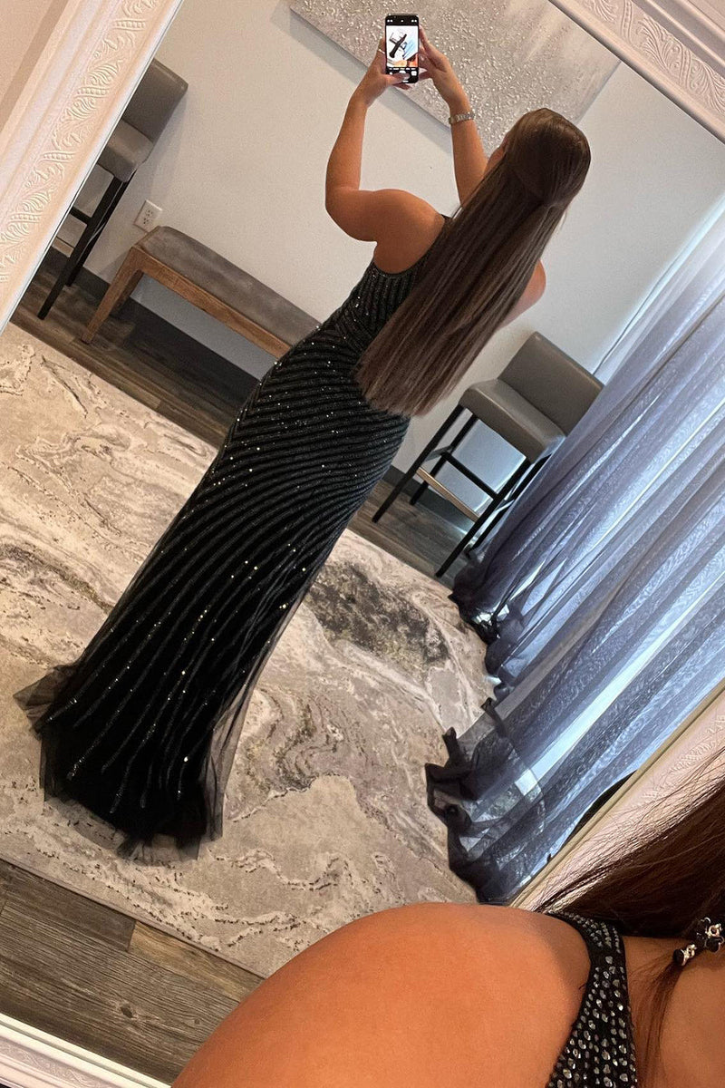 Load image into Gallery viewer, Sparkly Black Sequins Waist Cut-Out Prom Dress with Slit