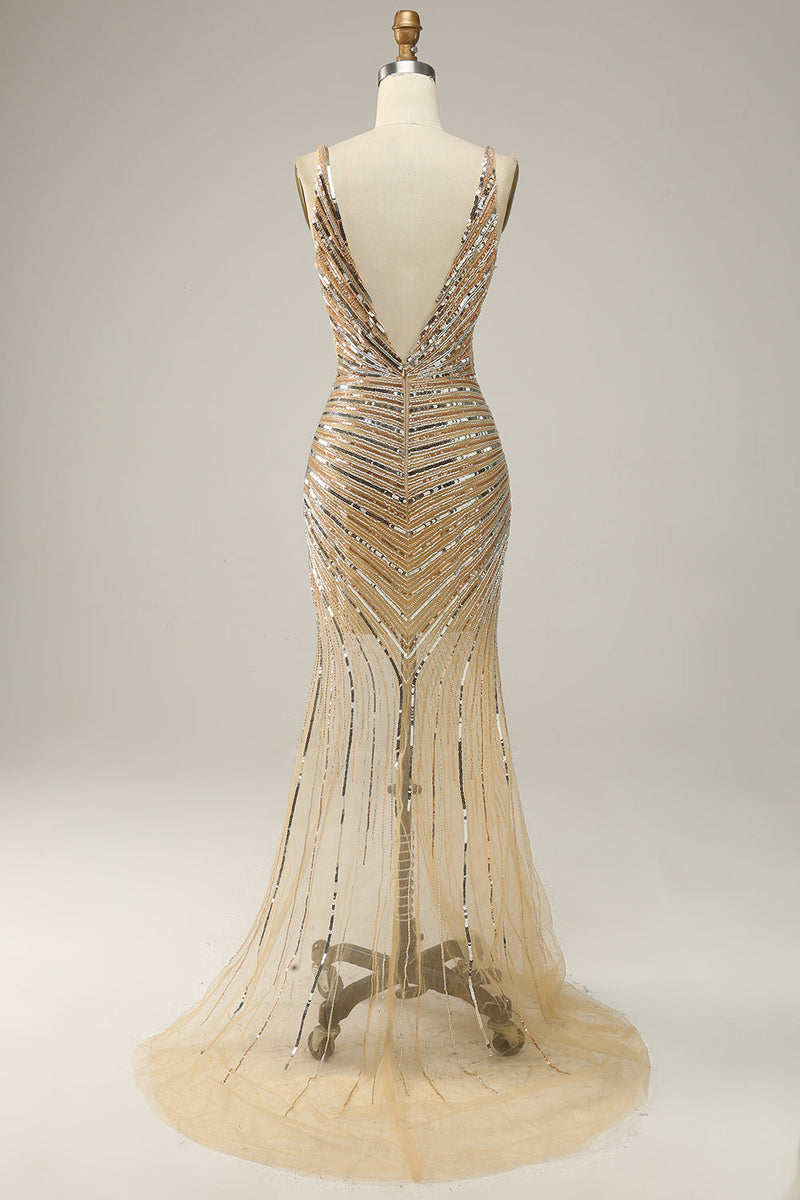 Load image into Gallery viewer, Sparkly Golden Backless Beaded Long Prom Dress with Slit