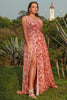 Load image into Gallery viewer, A Line Deep V Neck Rust Printed Plus Size Prom Dress with Split Front