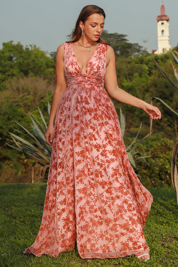 A Line Deep V Neck Rust Printed Plus Size Prom Dress with Split Front