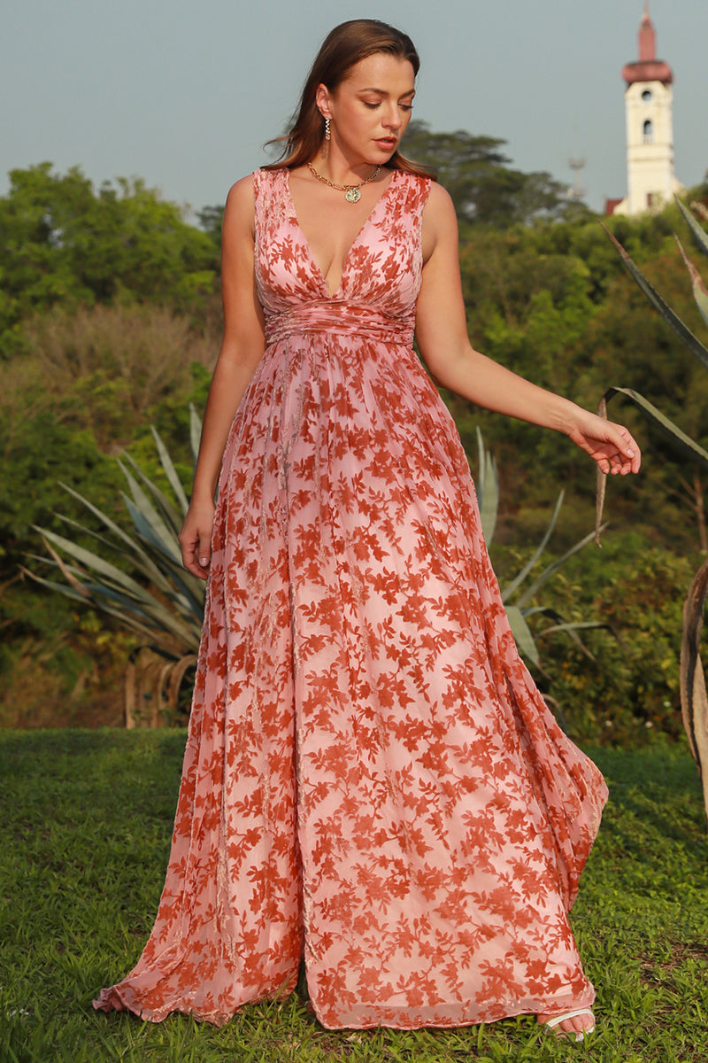 Load image into Gallery viewer, A Line Deep V Neck Rust Printed Plus Size Prom Dress with Split Front