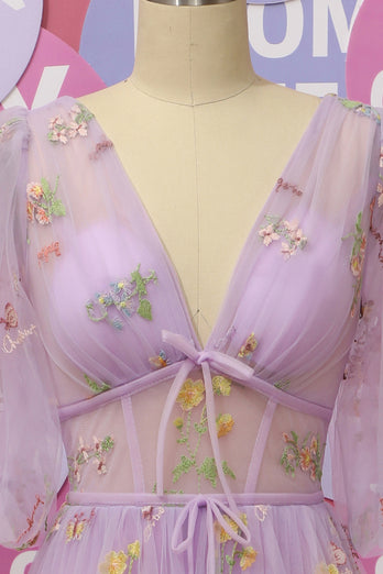 A-Line V-Neck Lavender Prom Dress with Embroidery