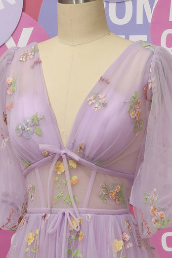 A-Line V-Neck Lavender Prom Dress with Embroidery