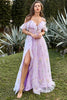 Load image into Gallery viewer, A-Line V-Neck Spaghetti Straps Embroidery Lavender Long Prom Dress with Slit