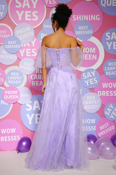 Off Shoulder Purple Prom Dress with Ruffles