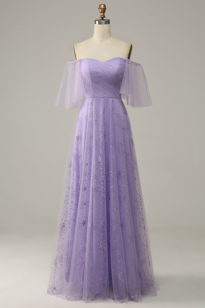 Load image into Gallery viewer, Off Shoulder Lavender Prom Dress with Ruffles