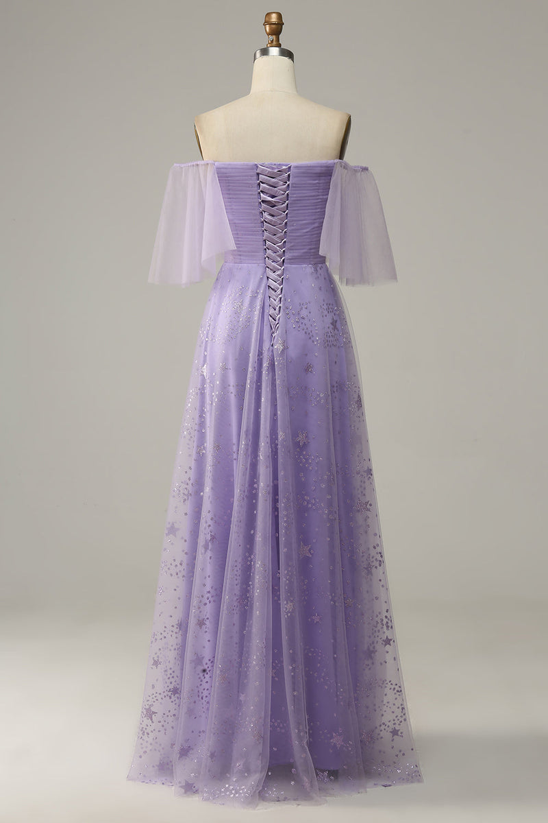 Load image into Gallery viewer, Off Shoulder Lavender Prom Dress with Ruffles