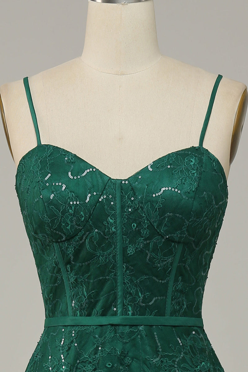 Load image into Gallery viewer, Dark Green Lace Spaghetti Straps Corset Prom Dress