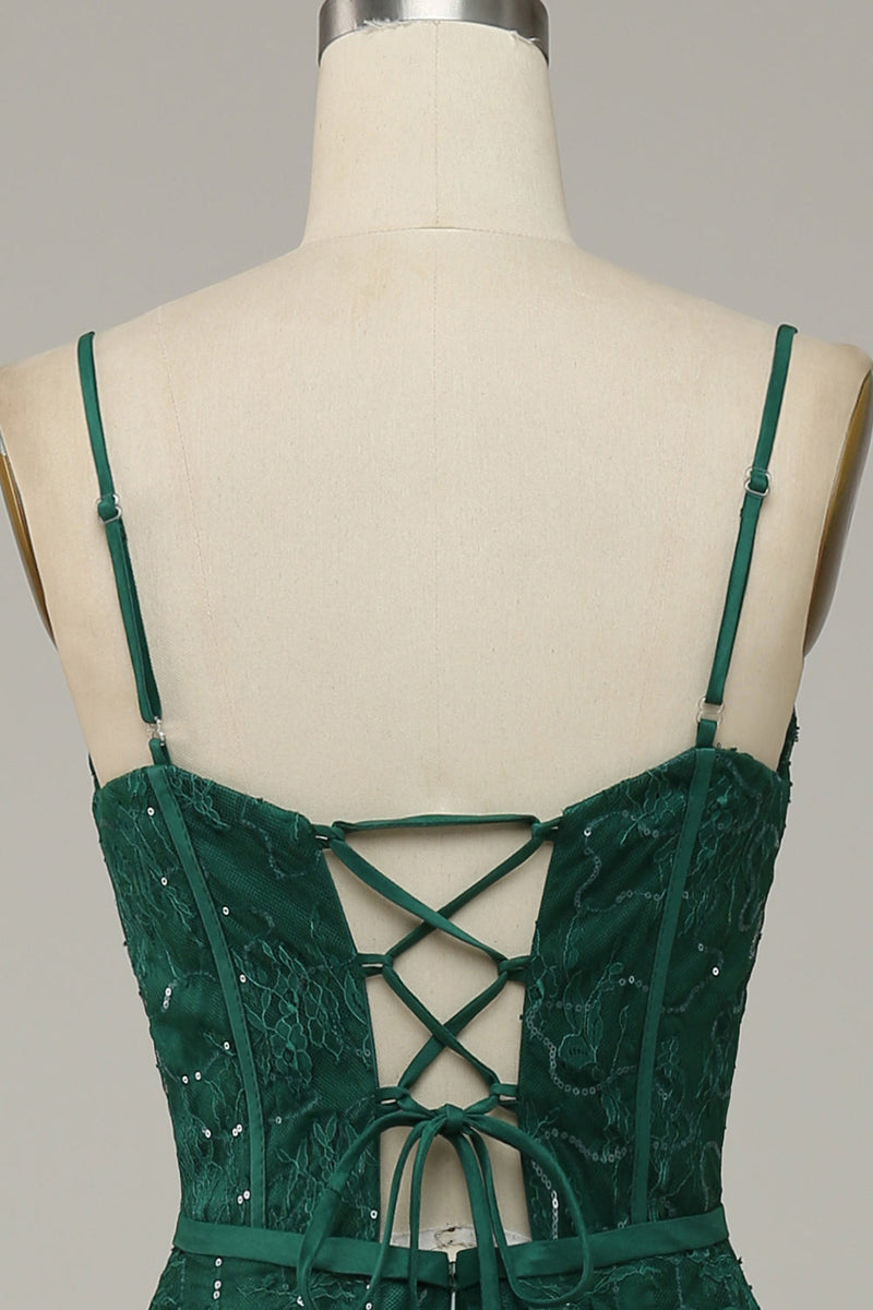 Load image into Gallery viewer, Dark Green Lace Spaghetti Straps Corset Prom Dress