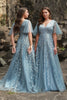 Load image into Gallery viewer, A Line V Neck Grey Blue Plus Size Prom Dress with Appliques