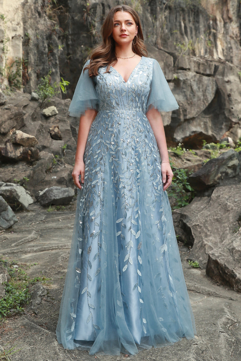 Load image into Gallery viewer, A Line V Neck Grey Blue Plus Size Prom Dress with Appliques