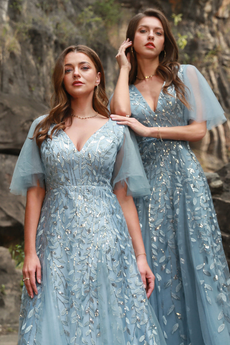 Load image into Gallery viewer, A Line V Neck Grey Blue Plus Size Prom Dress with Appliques