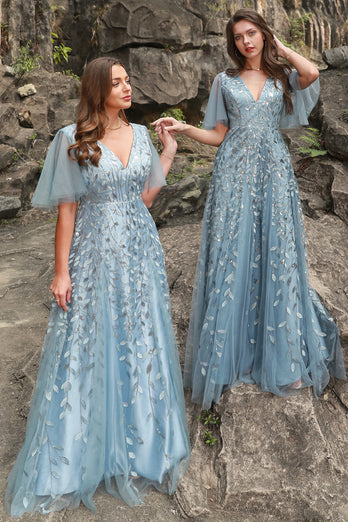 A Line V Neck Grey Blue Plus Size Prom Dress with Appliques