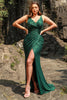 Load image into Gallery viewer, Mermaid Spaghetti Straps Dark Green Sequins Long Prom Dress with Split Front