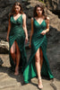 Load image into Gallery viewer, Mermaid Spaghetti Straps Dark Green Sequins Long Prom Dress with Split Front