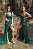 Load image into Gallery viewer, Mermaid Spaghetti Straps Dark Green Sequins Long Prom Dress with Split Front