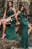 Load image into Gallery viewer, Mermaid Spaghetti Straps Dark Green Sequins Long Prom Dress with Split Front