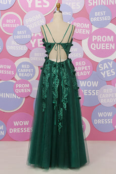 A Line Spaghetti Straps Dark Green Long Prom Dress with Appliques