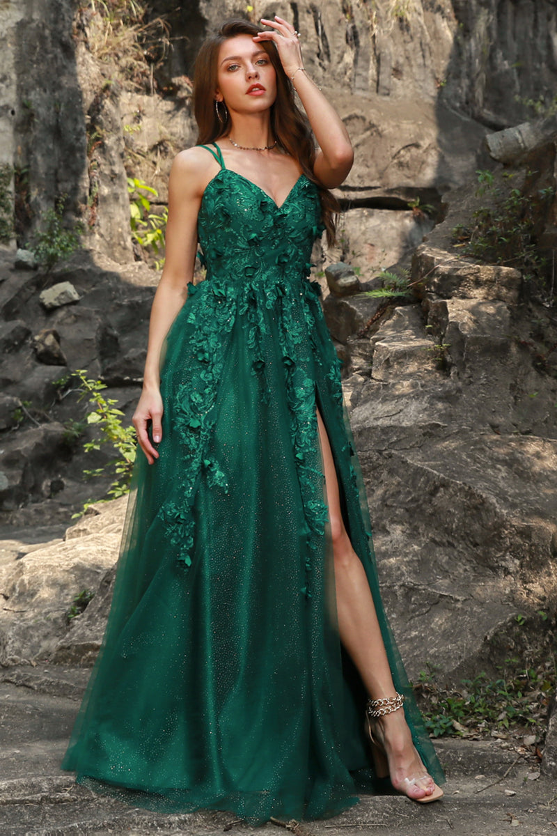 Load image into Gallery viewer, A Line Spaghetti Straps Dark Green Plus Size Prom Dress with Appliques