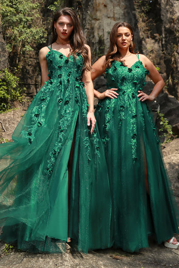 A Line Spaghetti Straps Dark Green Plus Size Prom Dress with Appliques