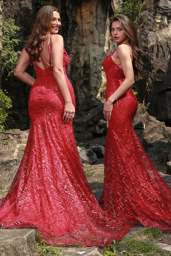 Mermaid Spaghetti Straps Dark Red Plus Size Prom Dress with Split Front