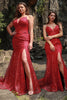 Load image into Gallery viewer, Mermaid Spaghetti Straps Dark Red Plus Size Prom Dress with Split Front