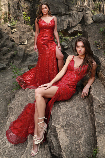 Mermaid Spaghetti Straps Dark Red Plus Size Prom Dress with Split Front