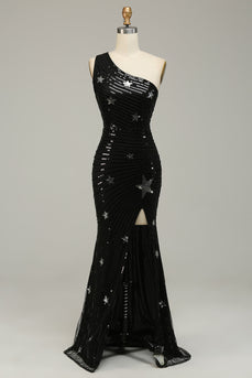 Sheath One Shoulder Black Sequins Long Prom Dress with Silt