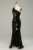 Load image into Gallery viewer, Sheath One Shoulder Black Sequins Long Prom Dress with Silt