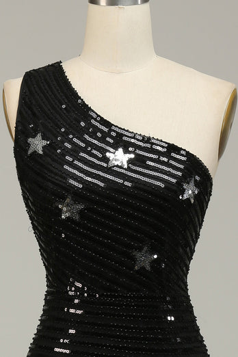 Sheath One Shoulder Black Sequins Long Prom Dress with Silt
