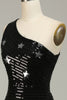 Load image into Gallery viewer, Sheath One Shoulder Black Sequins Long Prom Dress with Silt