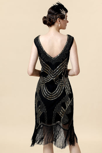 Sheath V Neck Black Sequined Fringe 1920s Dress