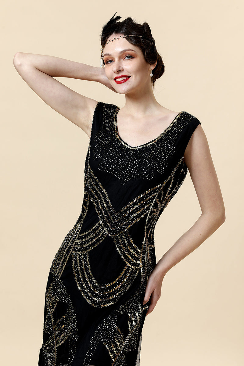 Load image into Gallery viewer, Sheath V Neck Black Sequined Fringe 1920s Dress