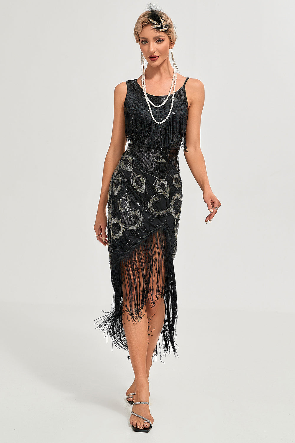 Black Spaghetti Straps 1920s Great Gatsby Fringed Flapper Dress