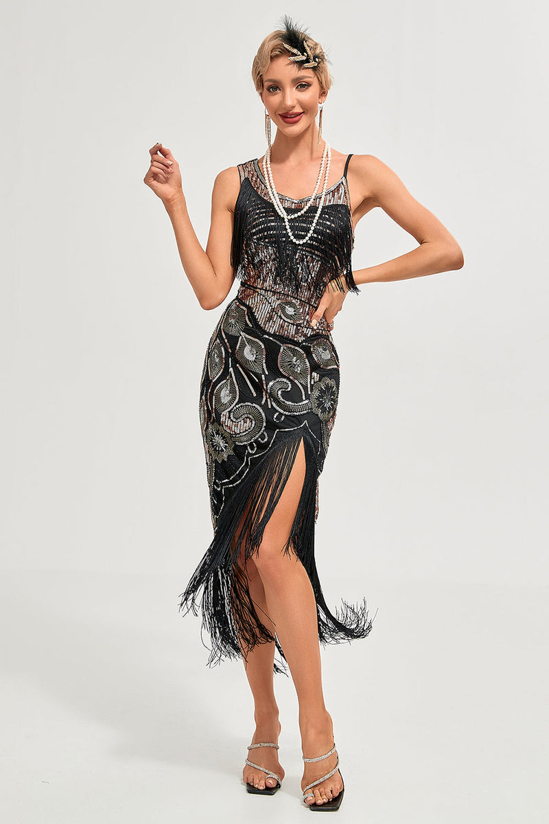 Load image into Gallery viewer, Black Spaghetti Straps Gatsby Fringed Flapper Dress