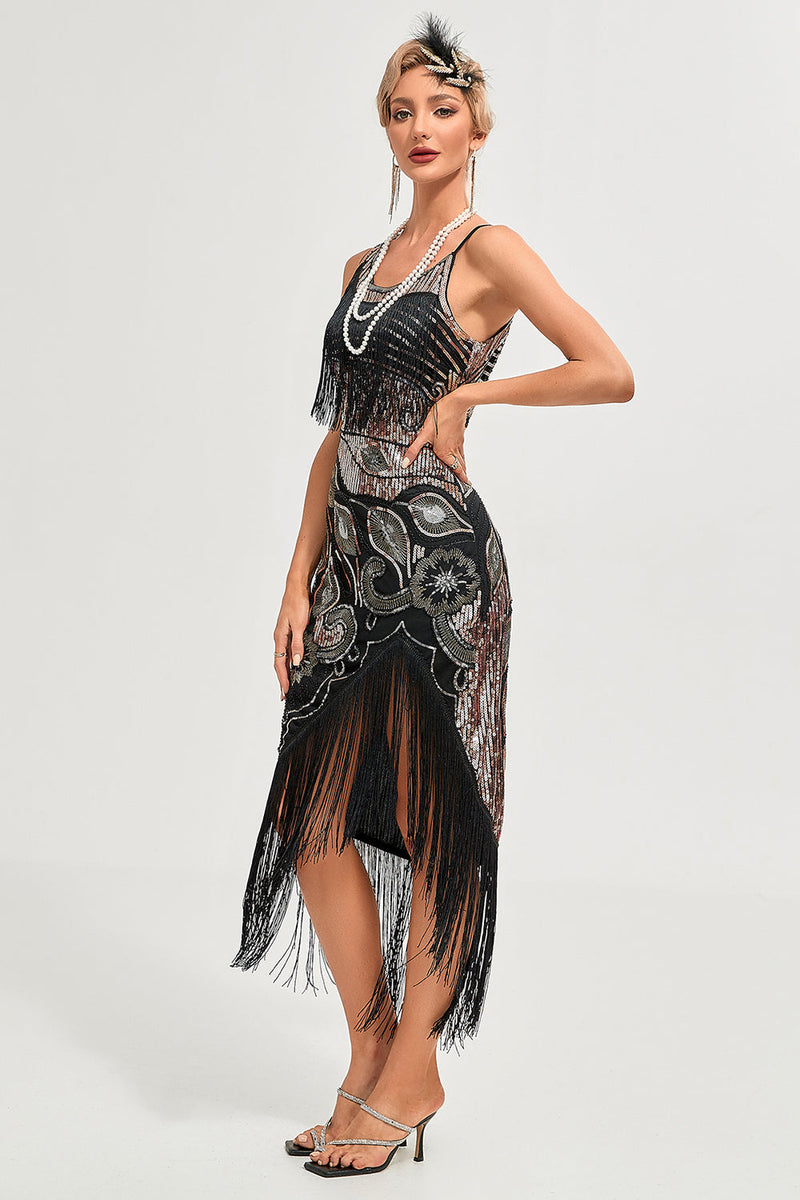 Load image into Gallery viewer, Black Spaghetti Straps 1920s Great Gatsby Fringed Flapper Dress