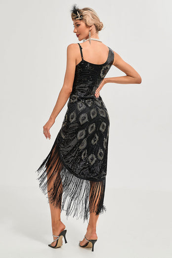 Black Spaghetti Straps 1920s Great Gatsby Fringed Flapper Dress